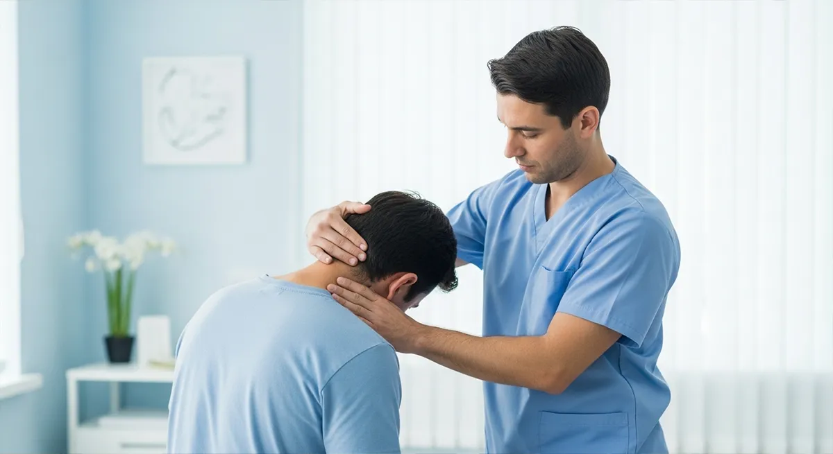 Chiropractor in Newport Beach helping a patient recover from neck and back pain after a car accident in a modern clinic.