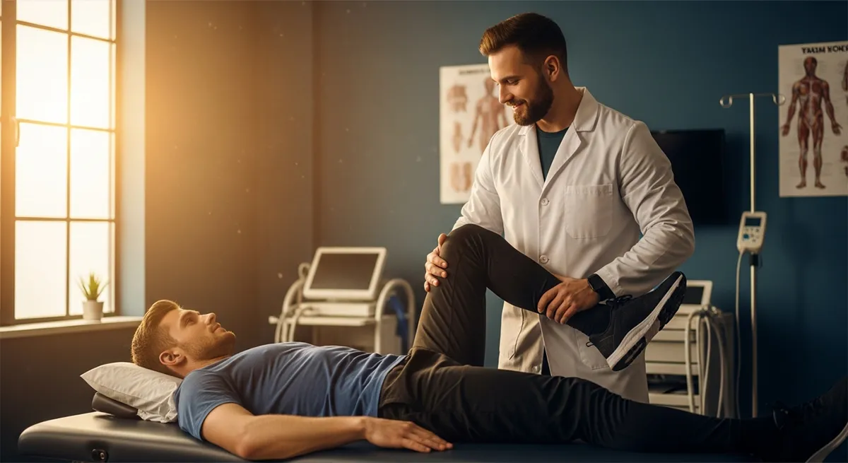 Chiropractor treating an athlete for a sports injury, focusing on shoulder and back pain in a modern chiropractic clinic.