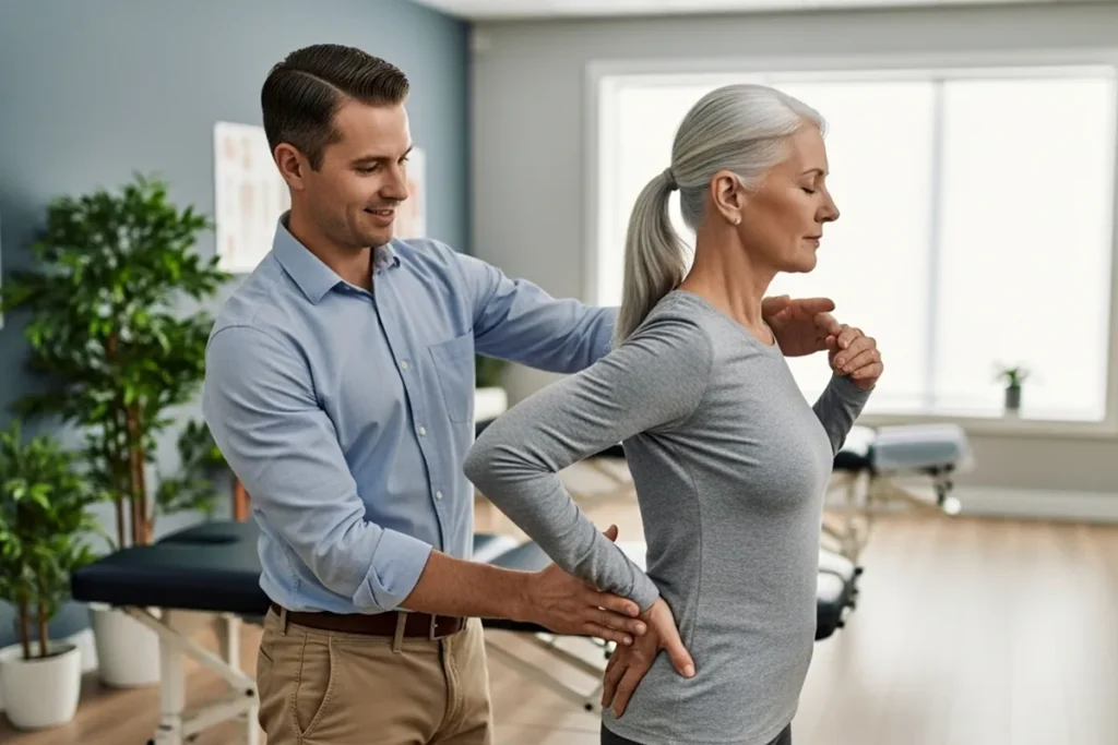 Chiropractor helping a patient regain balance after a slip and fall injury in a Newport Beach clinic.