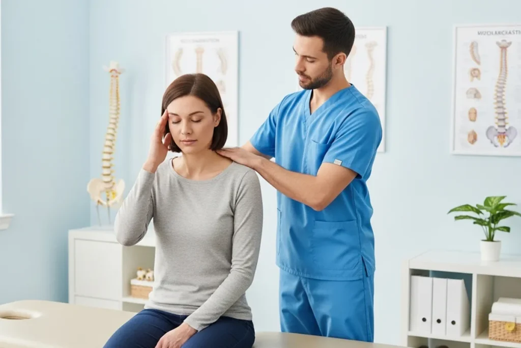 Chiropractor evaluating a patient with headaches and concussion symptoms after a car accident at ReNu Chiropractic in Newport Beach.
