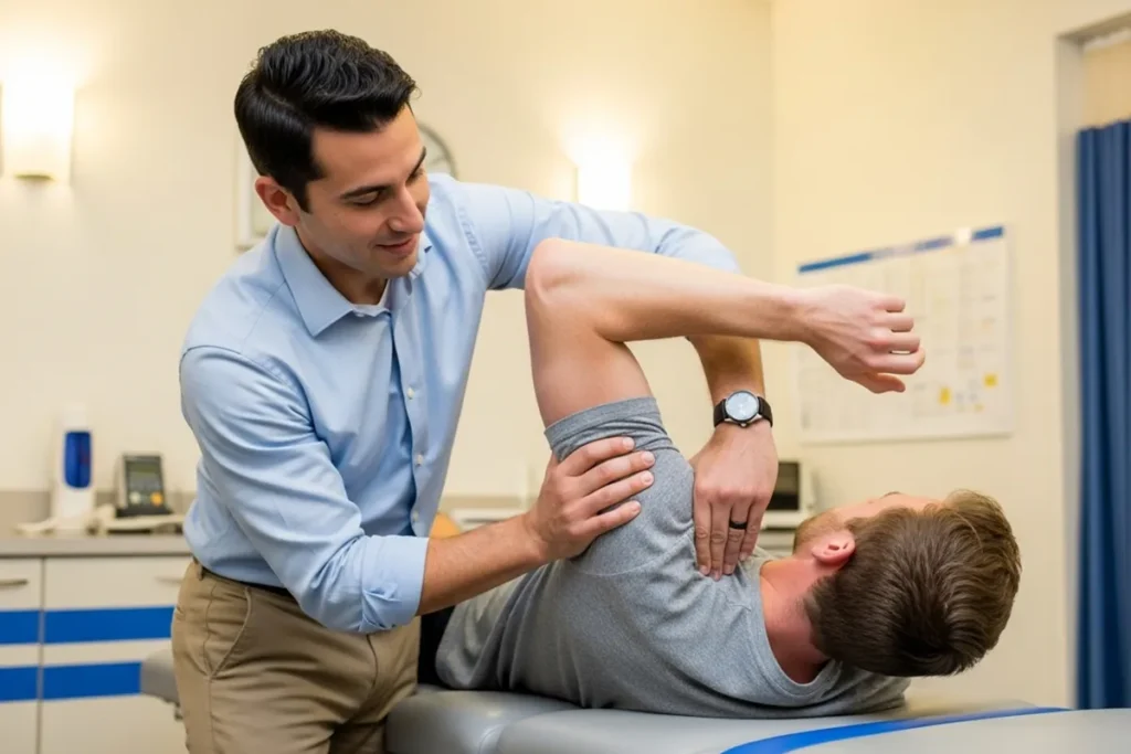Chiropractor helping a patient recover shoulder mobility after a workplace injury in Newport Beach.